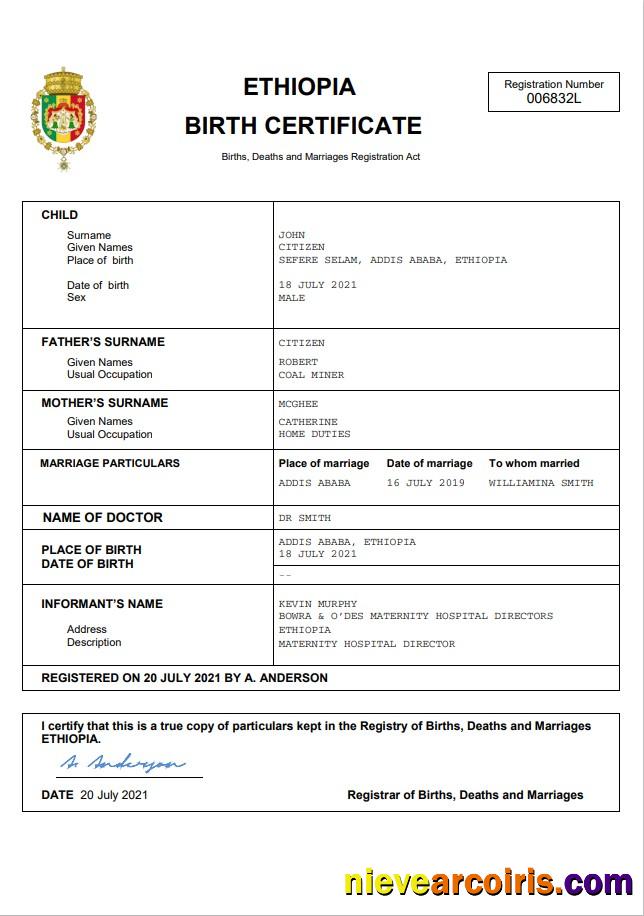 Ethiopia vital record birth certificate
